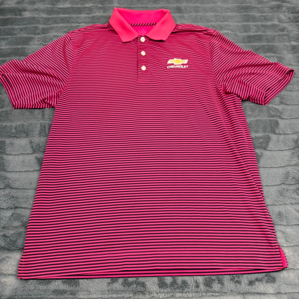 Cutter & Buck Mens DryTec Chevrolet Polo Shirt Pink Navy Striped Size L 13219